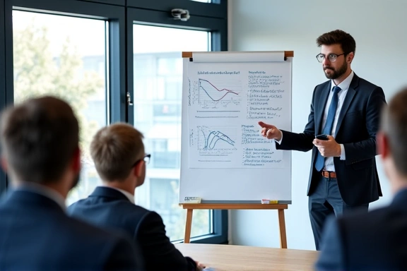 Formateur expliquant des concepts financiers sur un tableau blanc